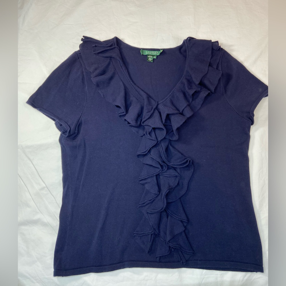 Ralph Lauren knit Blue Ruffle Short Sleeve Top‎ Cotton Size XL
